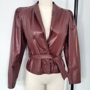 Vintage 80s Leather Loft 100% Leather Oxblood Burgundy Belted Jacket